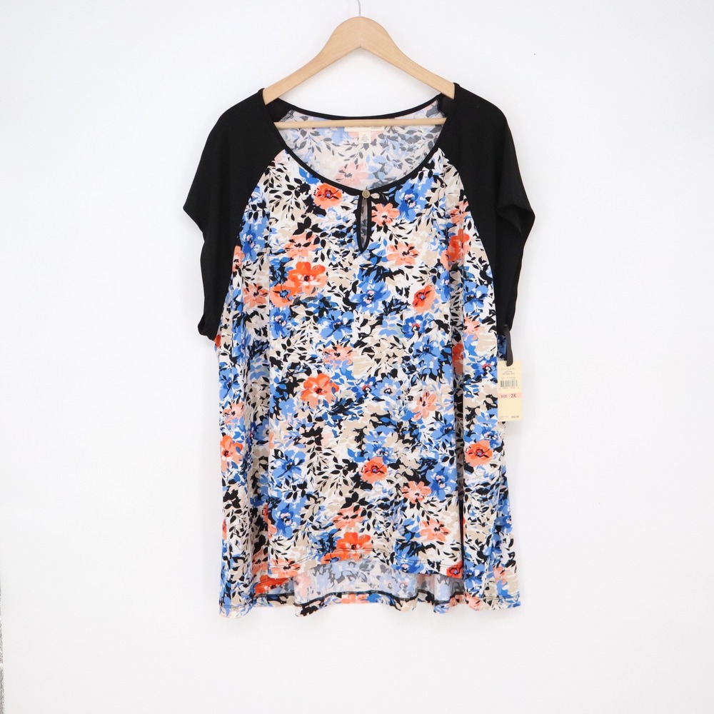 Emaline Top Woman 2X Antigua I 2015 Black Floral Raglan Keyhole Blouse NEW